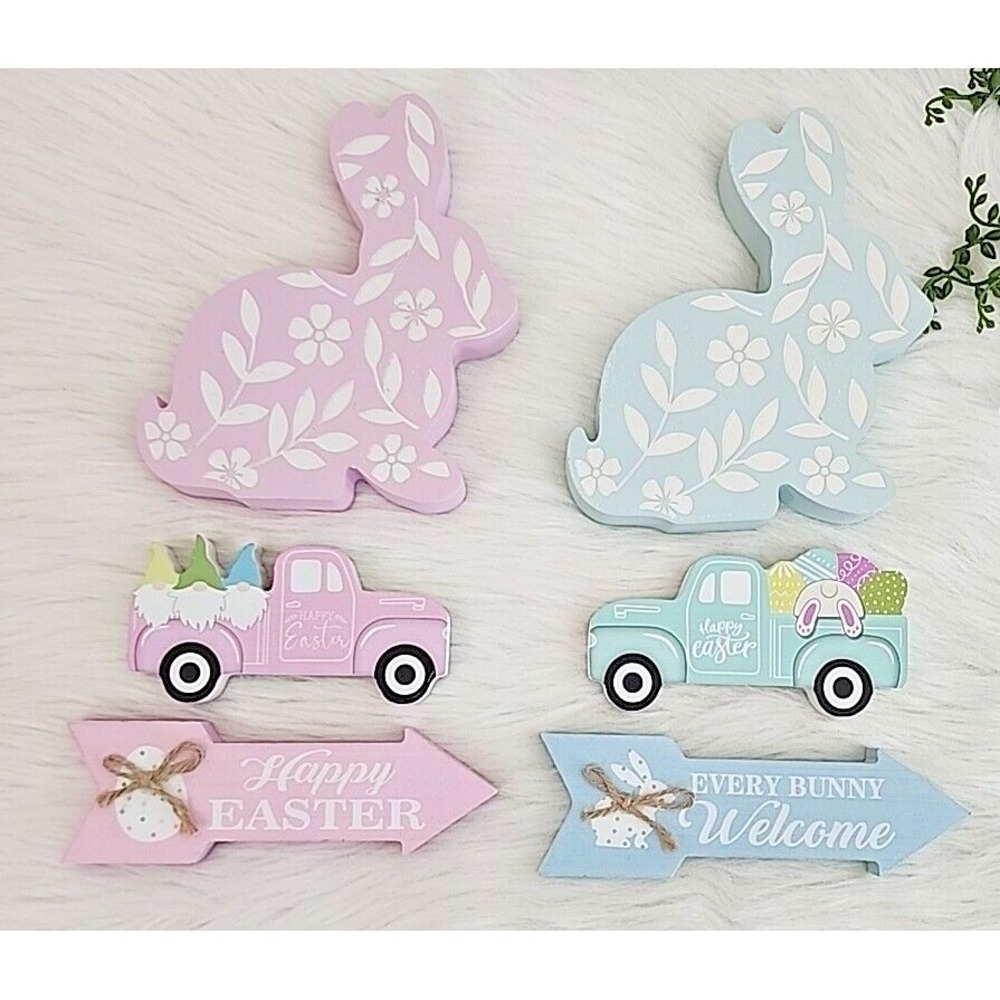 Easter Bunny Gnomes Trucks Eggs Wooden Block Signs Tiered Tray 6‎ Pc Set NEW